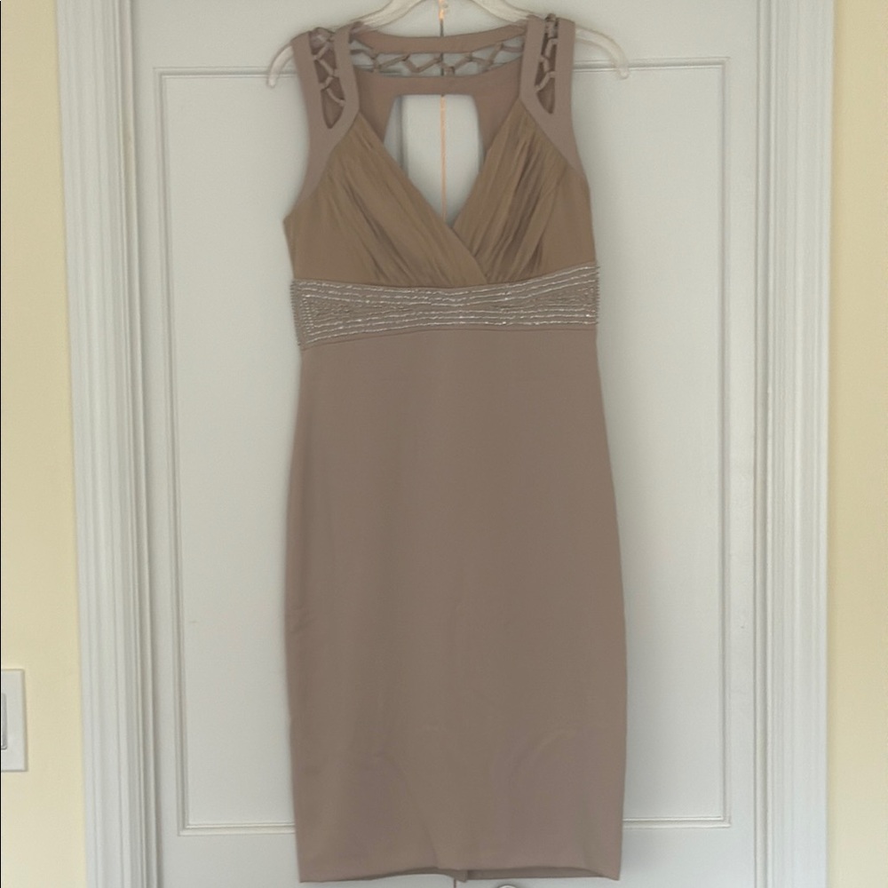 Badgley Mischka Tan Embellished Halter Cocktail Dress